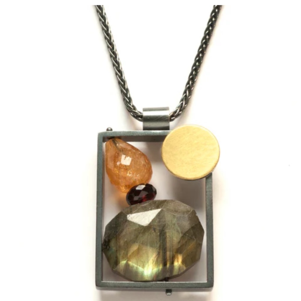 Ashka Dymel Rectangle Frame Silver and Semiprecious Stone Necklace